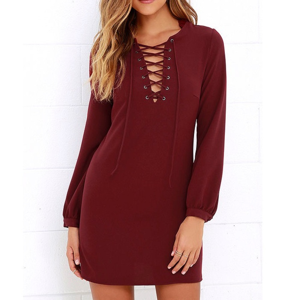 Women’s Lulu’s Burgundy Lace-Up Long Sleeve Dress